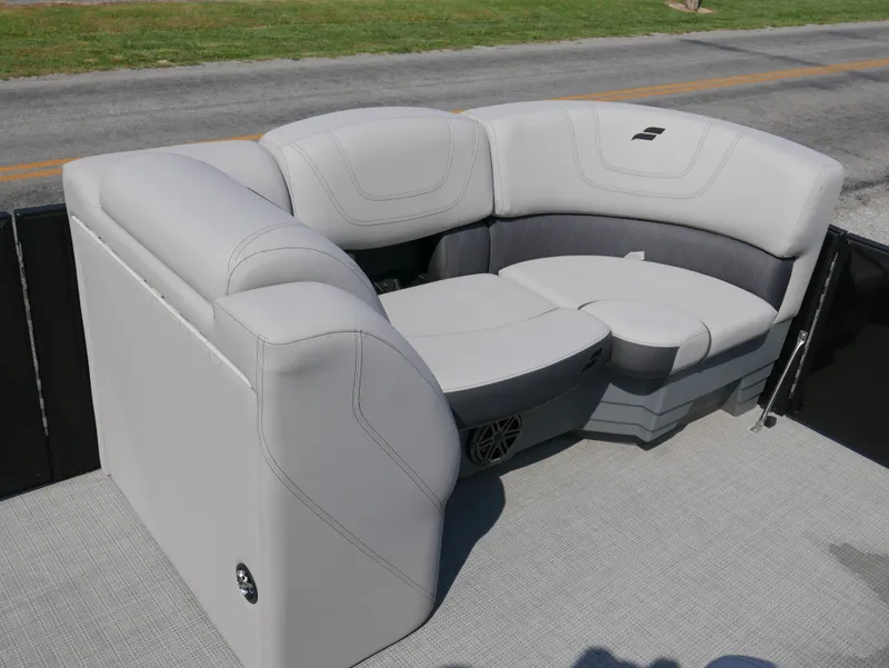Slide: The Image of 2024 Starcraft SLS 3 Q DH boat seating, featuring luxurious gray upholstery. - 7