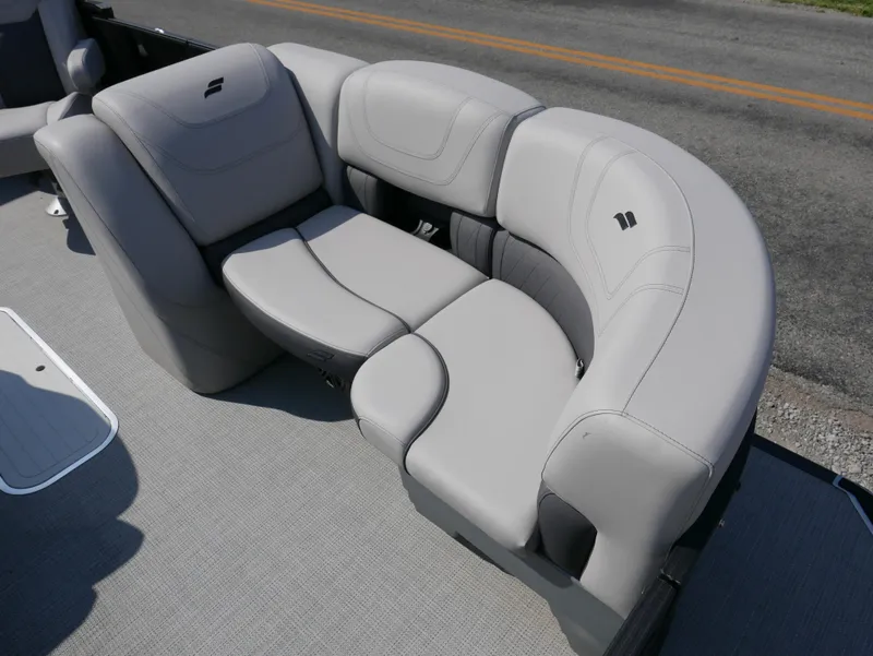 Slide: The Image of 2024 Starcraft SLS 3 Q DH boat seating with gray upholstery and modern design. - 8