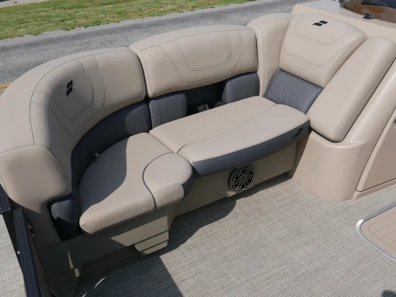 Slide: The Image of 2024 Starcraft SLS 3 Q DH boat interior with beige and gray seating. - 10