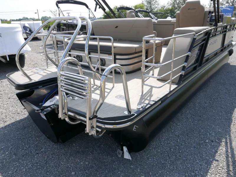 Slide: The Image of 2024 Starcraft SLS 3 Q DH pontoon boat, rear view with seating and railing. - 3