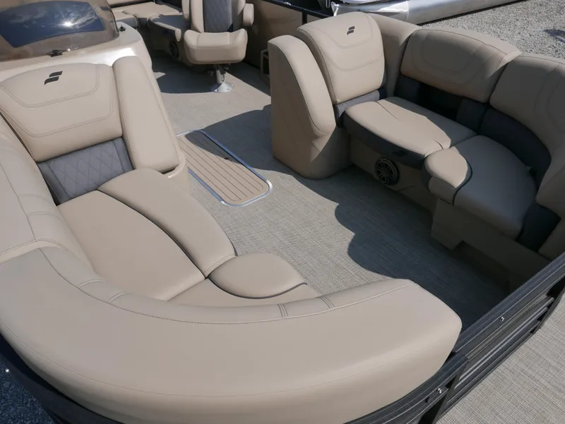 Slide: The Image of Luxurious seating on 2024 Starcraft SLS 3 Q DH pontoon boat, featuring beige upholstery. - 8