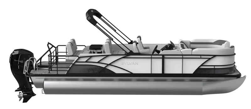 Slide: The Image of 2024 Sylvan L3 DLZ pontoon boat, side view, with modern design and outboard motor. - 27