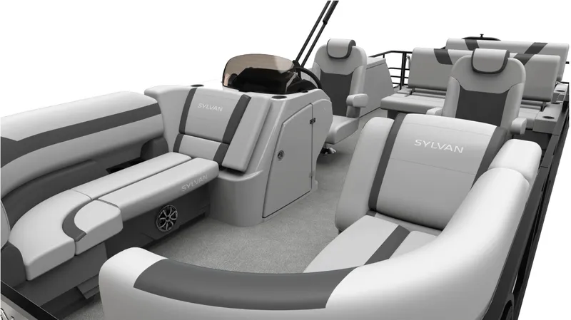Slide: The Image of 2024 Sylvan L3 DLZ pontoon boat interior with luxurious seating and modern design. - 31