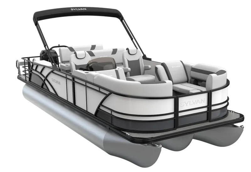 Slide: The Image of 2024 Sylvan L3 DLZ pontoon boat with modern seating and sleek design. - 4