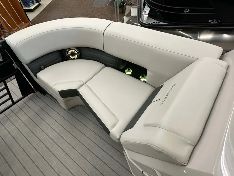 Slide: The Image of 2024 Sylvan G3 CLZ DC boat interior with luxurious white seating and modern design. - 9