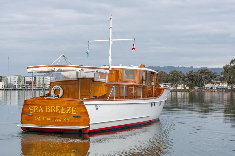 Slide: The Image of 1939 Stephens Brothers Bridgedeck Cruiser "Sea Breeze" on calm water, San Francisco. - 4