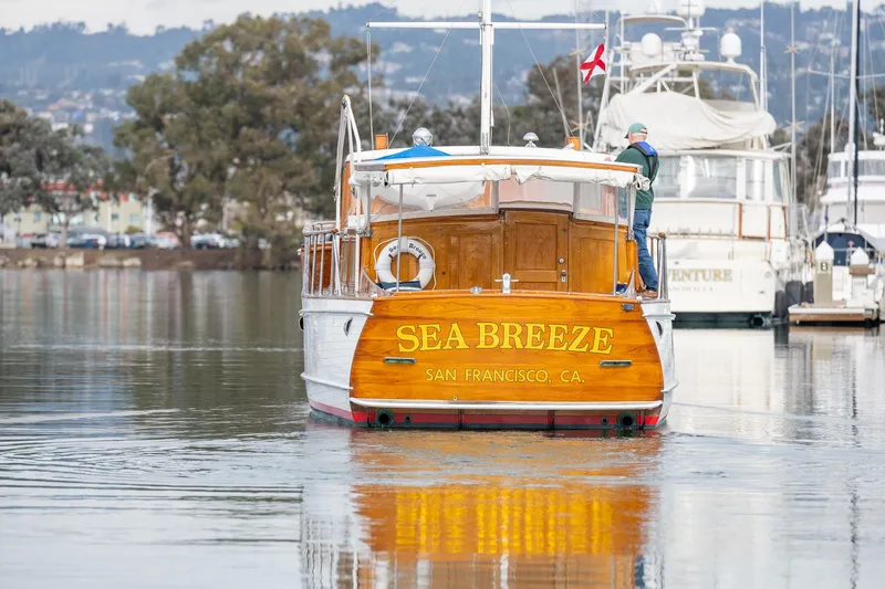 Slide: The Image of 1939 Stephens Brothers Bridgedeck Cruiser "Sea Breeze" on calm water in San Francisco. - 5