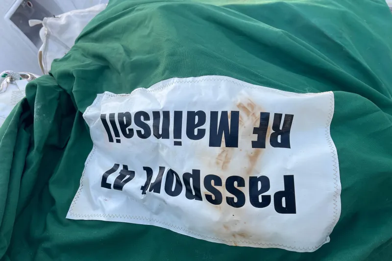 Slide: The Image of Green sail with "Passport 47 RF Mainsail" label, model 47 AC Plan B, 1995. - 50