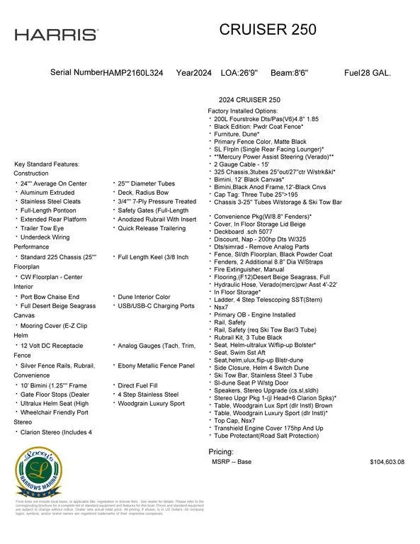 Slide: The Image of 2024 Harris Cruiser 250 specifications sheet with features and pricing details. - 16