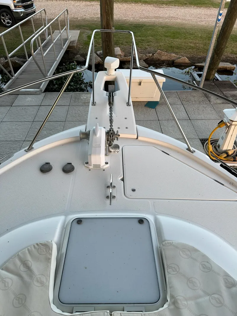 Slide: The Image of Bow view of 1997 Bayliner 3988 Motoryacht, featuring anchor and deck details. - 5