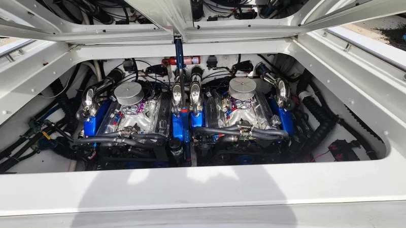 Slide: The Image of 1996 Formula 382 SR1 boat engine compartment with dual engines. - 16