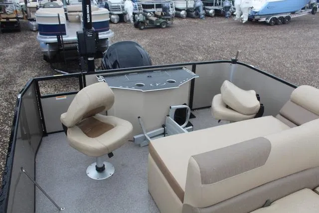 Slide: The Image of 2022 Veranda VF25F2 pontoon boat interior with seating and fishing station. - 11