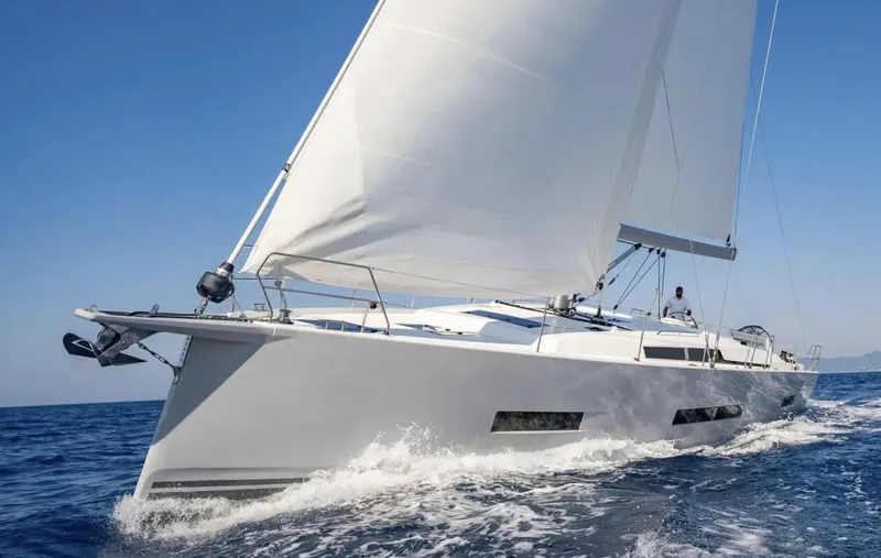 The Image of 2024 Hanse 410 sailing yacht cruising on open water. - 0