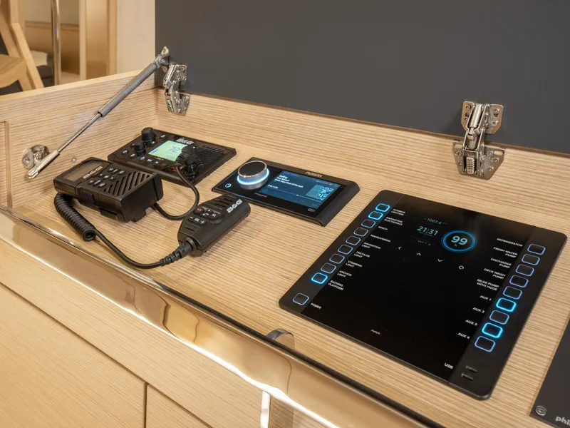 Slide: The Image of Modern kitchen area in the 2024 Hanse 510 yacht with sleek countertops and stainless steel sink. - 11