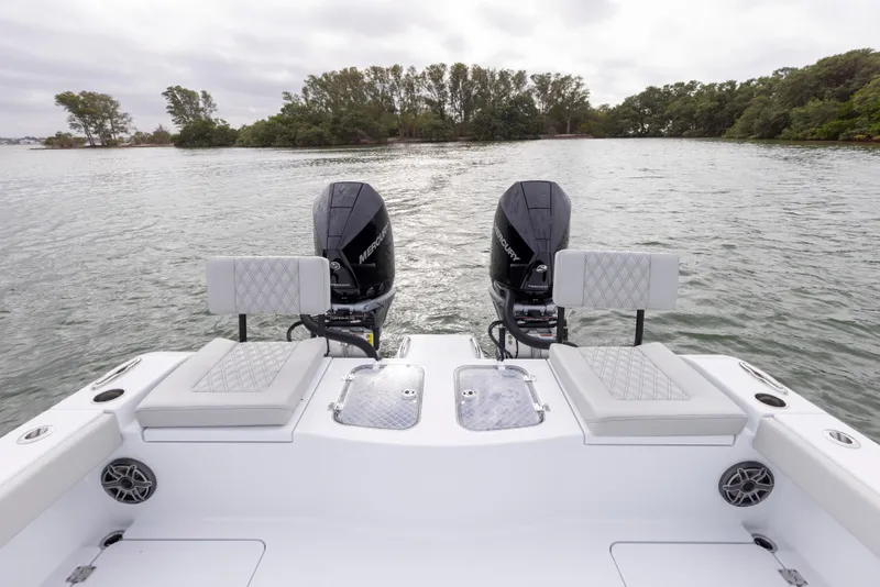 Slide: The Image of 2024 Freeman 28 boat with twin outboard engines on a calm lake. - 15