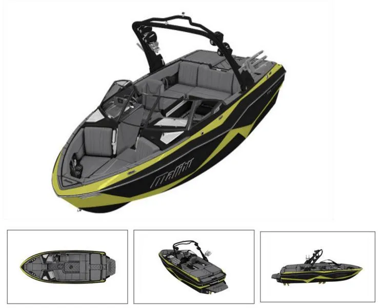 Slide: The Image of 2024 Malibu 22 LSV boat, black and yellow, interior and exterior views. - 8