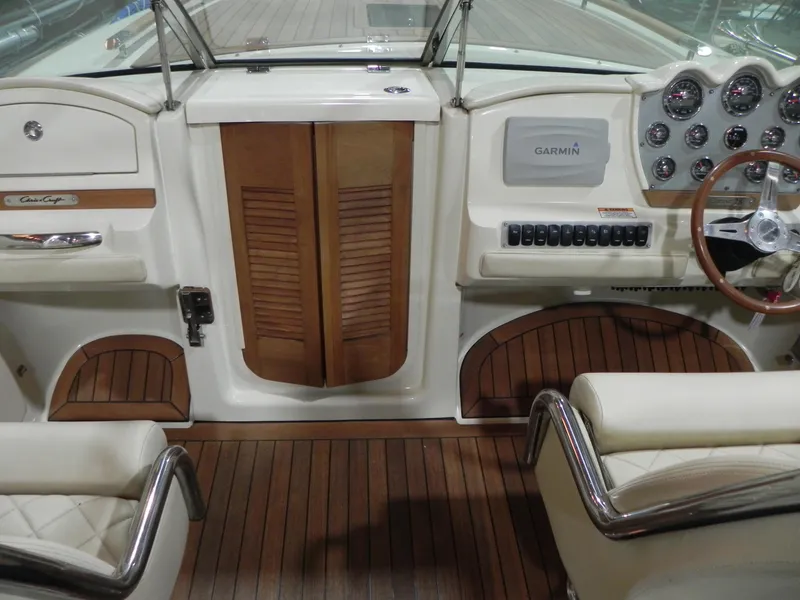Slide: The Image of 2015 Chris-Craft 28 Heritage Corsair cockpit with wooden accents and Garmin navigation system. - 21