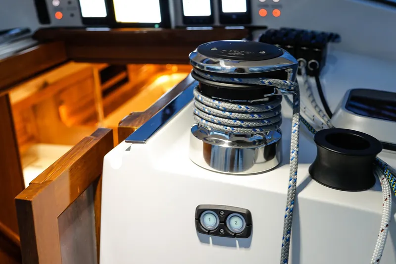 Slide: The Image of Sailing yacht interior with winch and ropes, Outbound 46, 2025 model. - 13