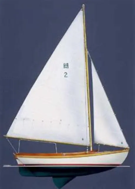 Slide: The Image of Custom Haven 12.5 sailboat, 1994 model, with white sails and wooden hull. - 8