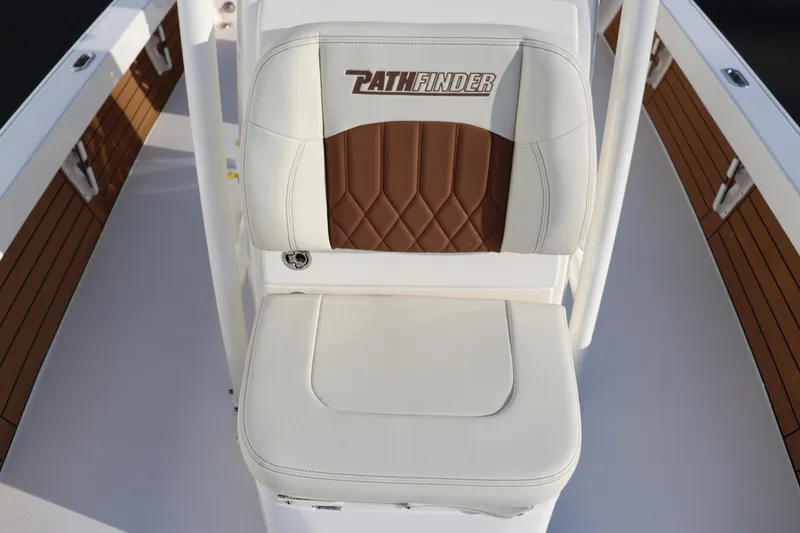 Slide: The Image of 2024 Pathfinder 2500 Hybrid boat seat with brown and white upholstery. - 45