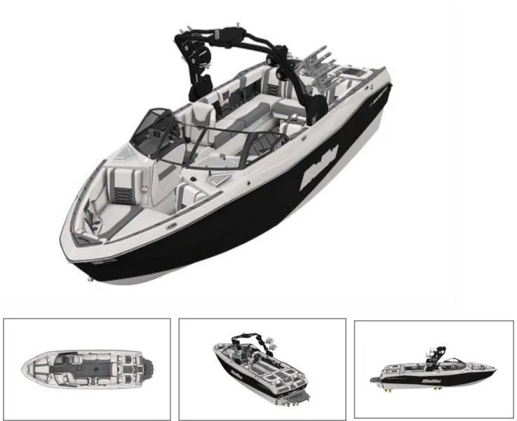 Slide: The Image of 2024 Malibu 26 LSV boat, black and white, interior and exterior views. - 1