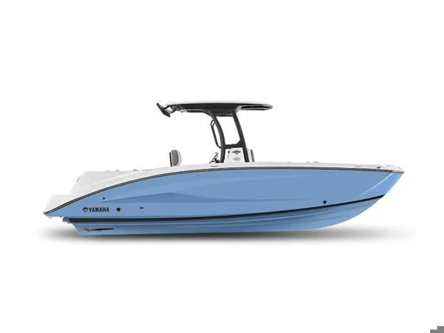 Slide: The Image of 2024 Yamaha Boats 255 FSH Sport H in blue, side view. - 29