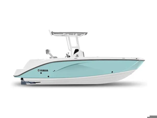 Slide: The Image of 2024 Yamaha Boats 222 FSH Sport, sleek design, light blue hull, side view. - 42