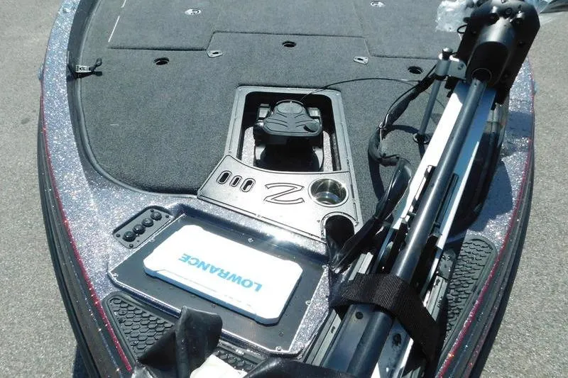 Slide: The Image of 2024 Ranger Z519 boat deck with fishing equipment and Lowrance electronics. - 12