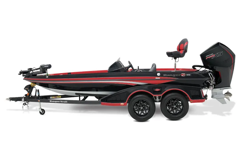 Slide: The Image of 2024 Ranger Z519 boat with Minn Kota trolling motor in a parking lot. - 2