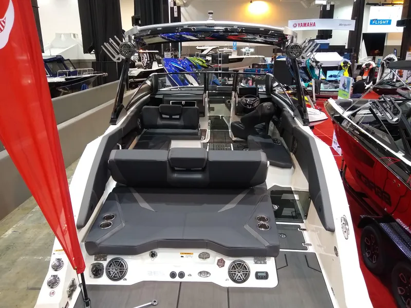 Slide: The Image of 2024 Scarab 285 Wake ID boat interior at a boat show. - 4