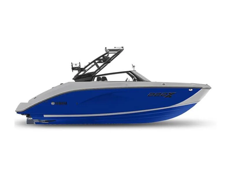 Slide: The Image of 2024 Yamaha Boats 222XD in blue and gray, side view. - 0
