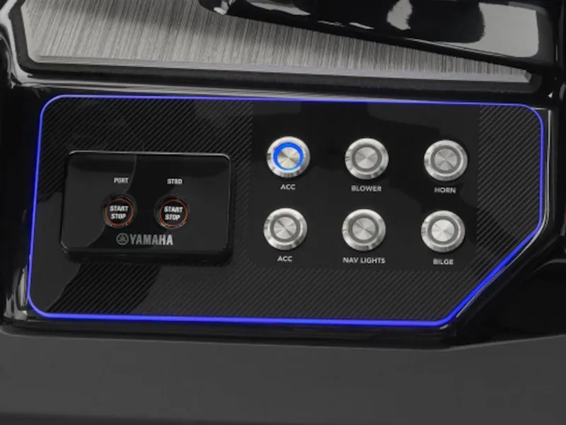 Slide: The Image of Control panel of 2024 Yamaha Boats 222XD with start buttons and accessory switches. - 1