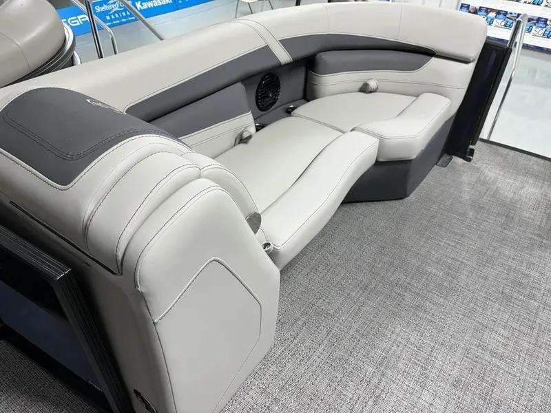 Slide: The Image of 2024 Barletta C22CC boat interior with luxurious gray seating. - 11