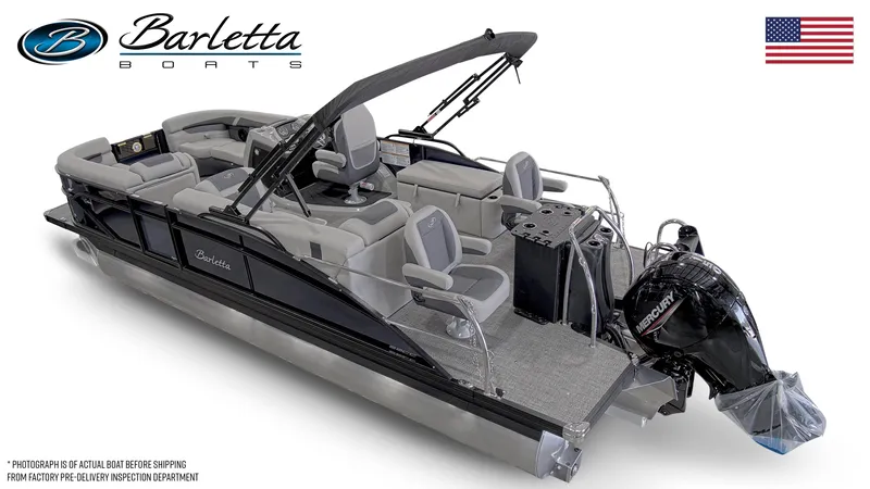 Slide: The Image of 2024 Barletta C22CC pontoon boat with spacious seating and modern design. - 2