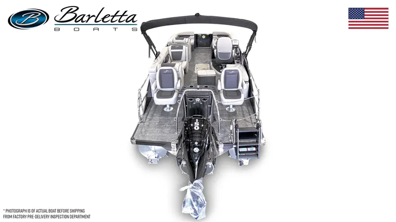 Slide: The Image of 2024 Barletta C22CC pontoon boat with seating and motor, top view. - 5