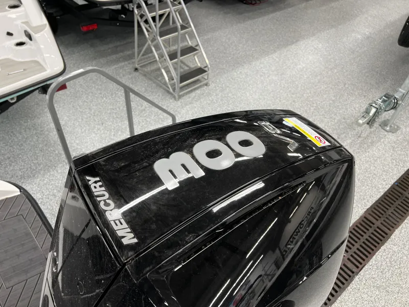 Slide: The Image of Mercury outboard motor on a 2024 Vexus DVX 20S boat in a showroom. - 46