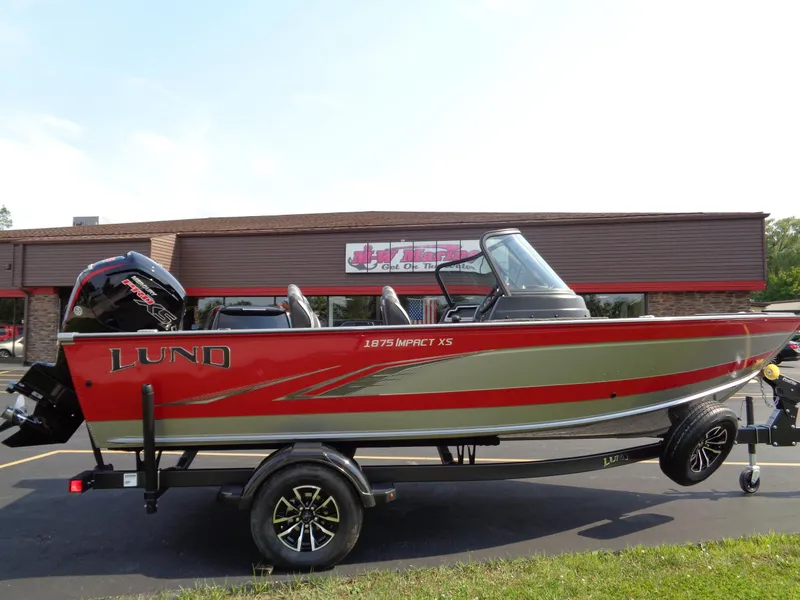 Slide: The Image of 2024 Lund 1875 Impact XS boat on trailer, red and silver design. - 10