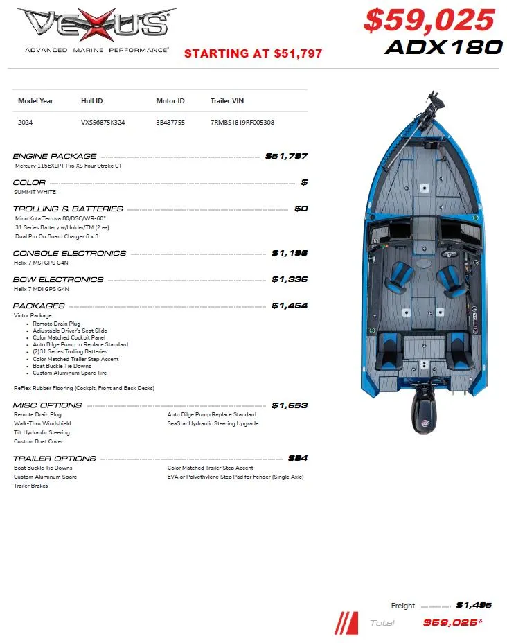 Slide: The Image of Vexus ADX180 2024 boat specifications and pricing sheet, starting at $51,797. - 26