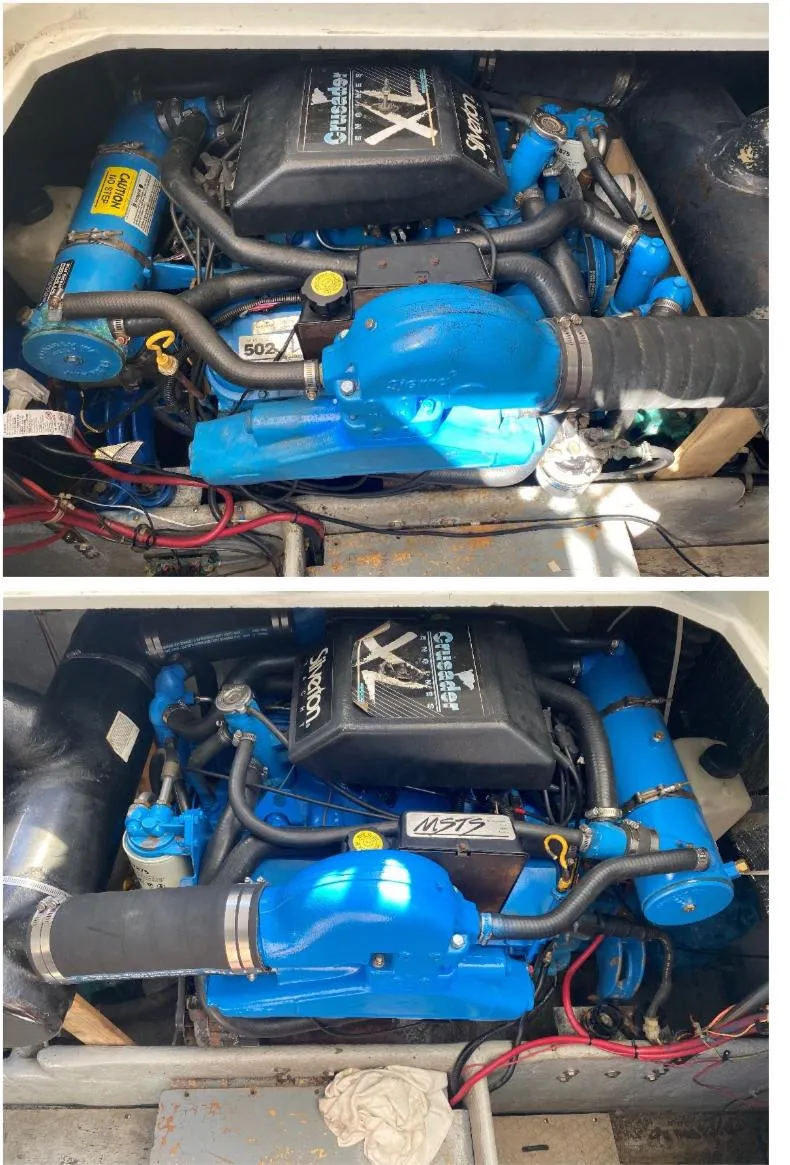 Slide: The Image of 1993 Silverton 38 Express engine compartment with twin Crusader engines. - 15