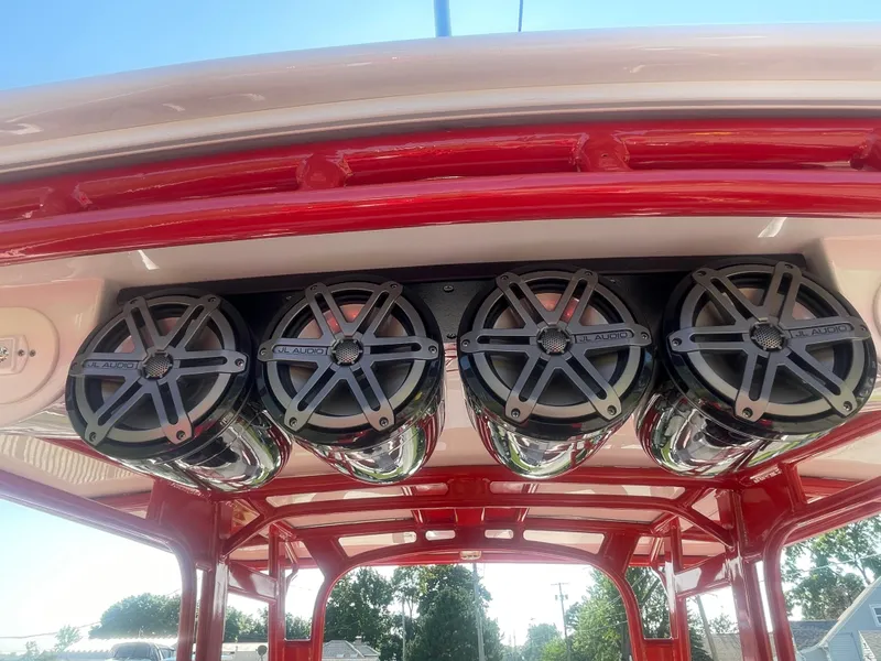 Slide: The Image of Four marine speakers mounted on a 2008 Deep Impact 36di boat. - 47