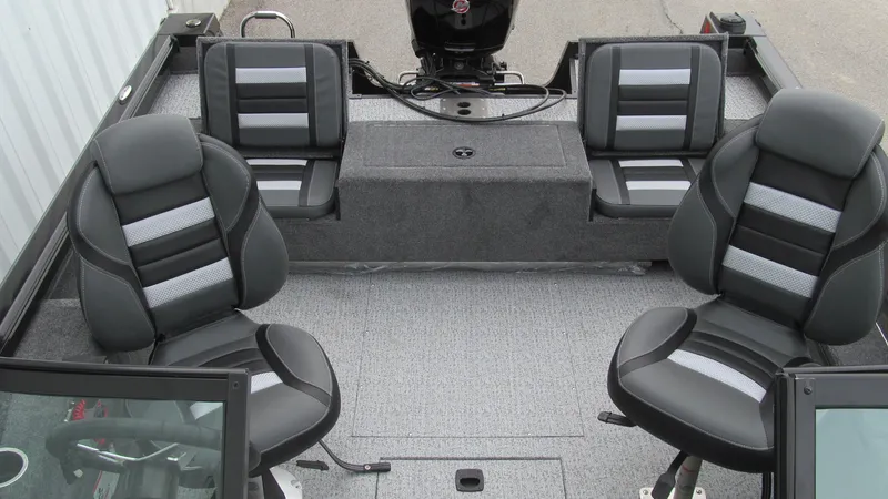 Slide: The Image of 2024 Ranger VS1782SC Reata boat interior with four black and gray seats. - 13