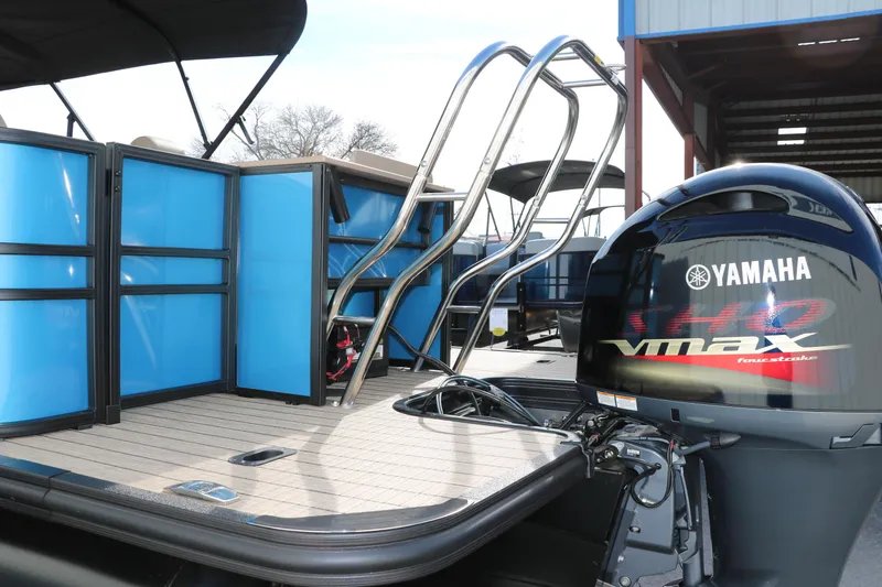 Slide: The Image of 2025 Sylvan Mirage X3 Party Fish pontoon boat with Yamaha VMAX engine. - 8