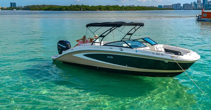Slide: The Image of 2015 Sea Ray SDX 270 boat anchored in clear turquoise water. - 4