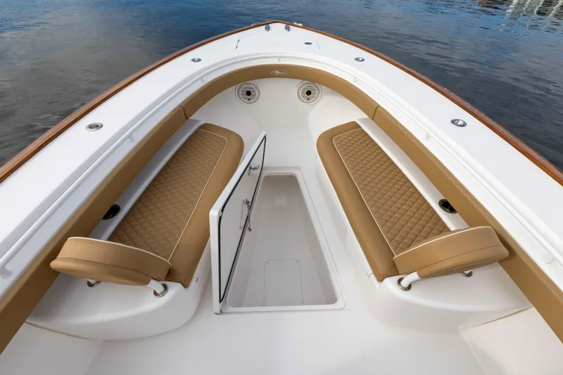 Slide: The Image of 2021 Valhalla Boatworks V37 bow seating area with storage compartment. - 4
