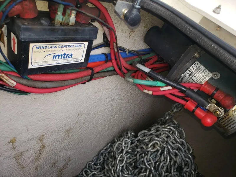 Slide: The Image of Windlass control box and wiring in a 2008 Sea Ray 38 Sundancer boat. - 2