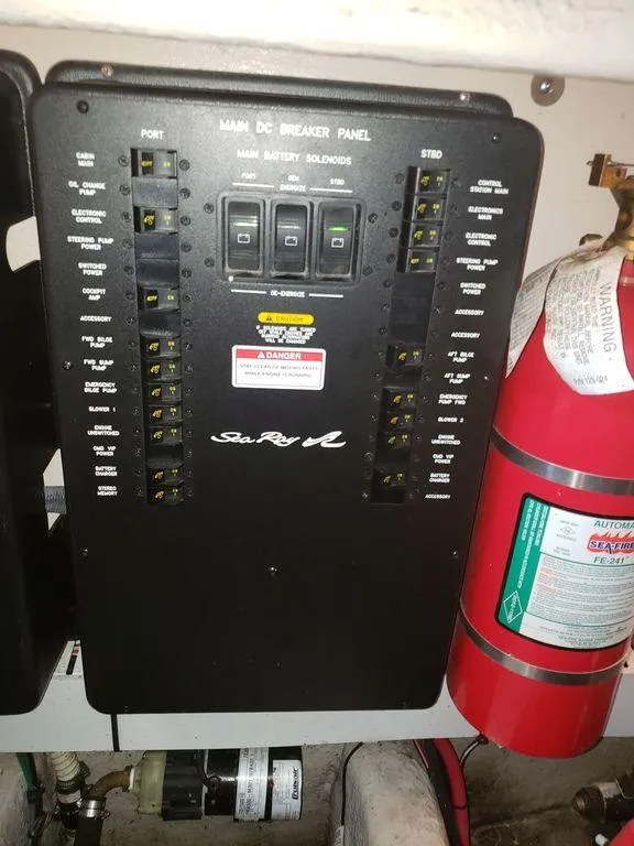 Slide: The Image of Main DC breaker panel on a 2008 Sea Ray 38 Sundancer boat. - 30