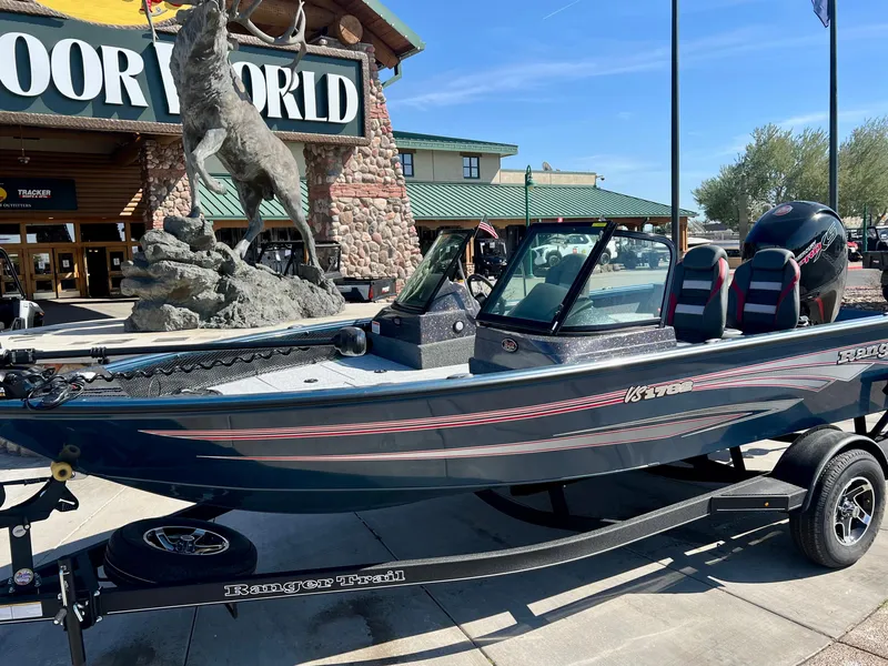 Slide: The Image of 2024 Ranger VS1782SC Angler fishing boat displayed outside Outdoor World. - 2