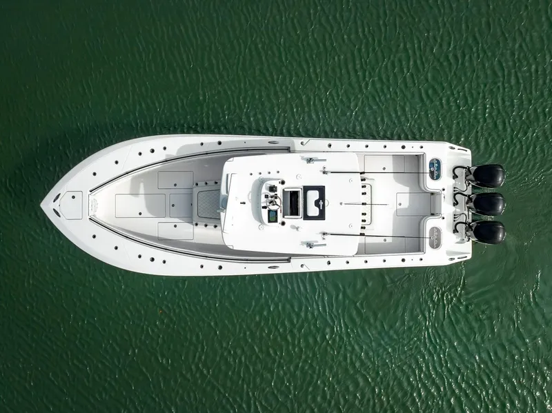 Slide: The Image of Aerial view of a 2020 SeaHunter 35 Tournament boat on water. - 22
