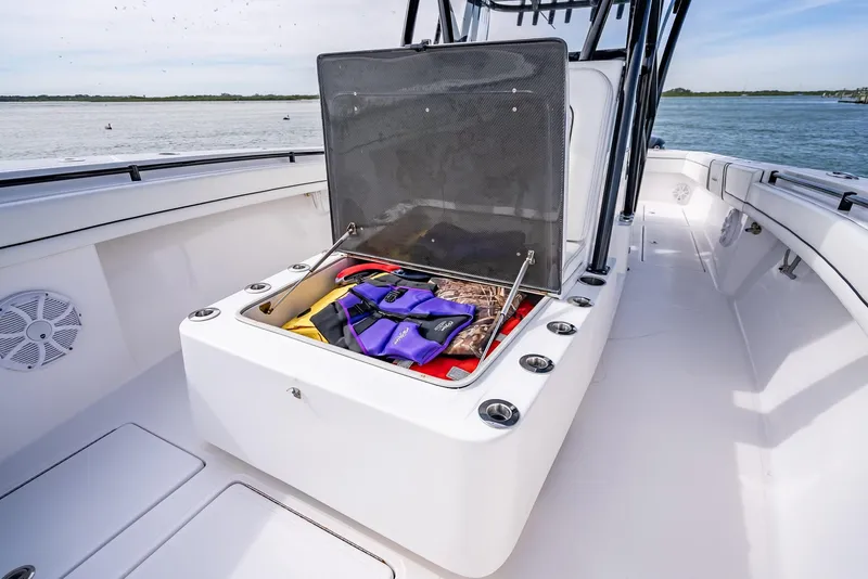 Slide: The Image of 2020 SeaHunter 35 Tournament boat with open storage compartment. - 36