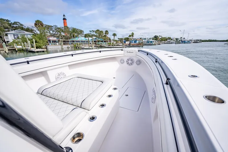 Slide: The Image of 2020 SeaHunter 35 Tournament boat interior with waterfront view. - 37